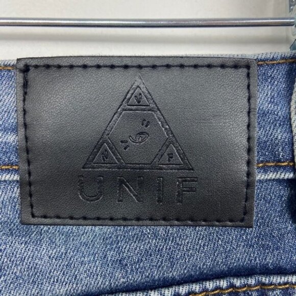 UNIF Peach Pit Skinny Jeans Busted Knees Size 25 Denim Distressed Blue High Rise - Picture 7 of 15